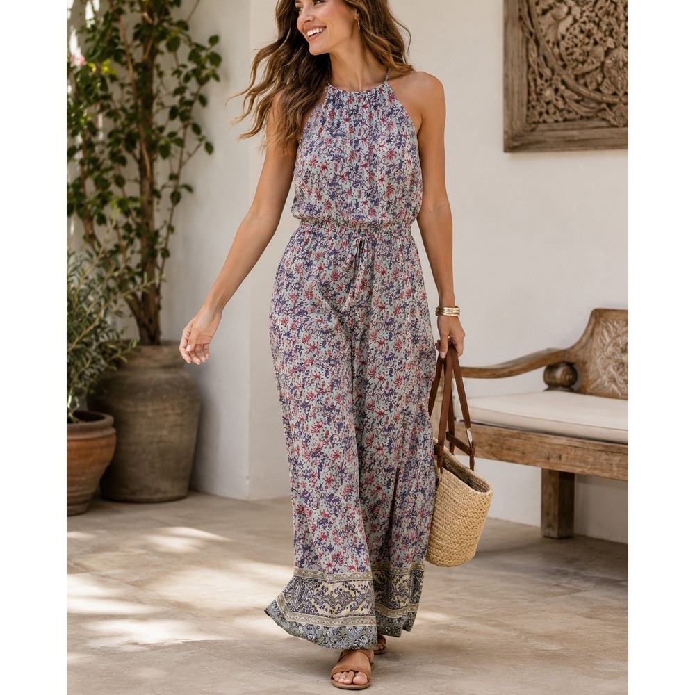 Bebop Jumpsuit Women Small Blue Floral Good Halter Boho Wide Leg Rayon